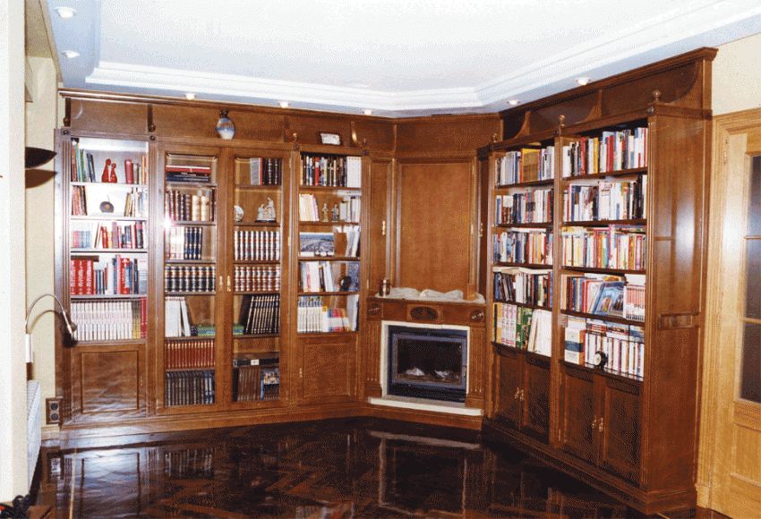 Libreria  con chimenea de esquina