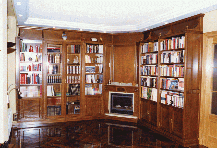 Libreria  con chimenea de esquina