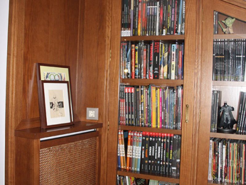 Biblioteca con puertas de cristal adosada a la pared